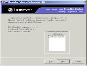 Linksys Powerline Security Configuration Utility - Powerline devices screen