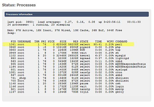 FreeNAS process menu showing Perl running