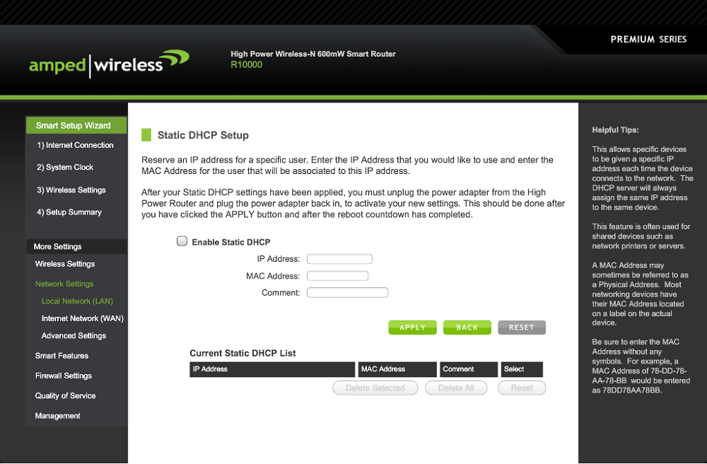 Amped Wireless R10000G DHCP reservations screen