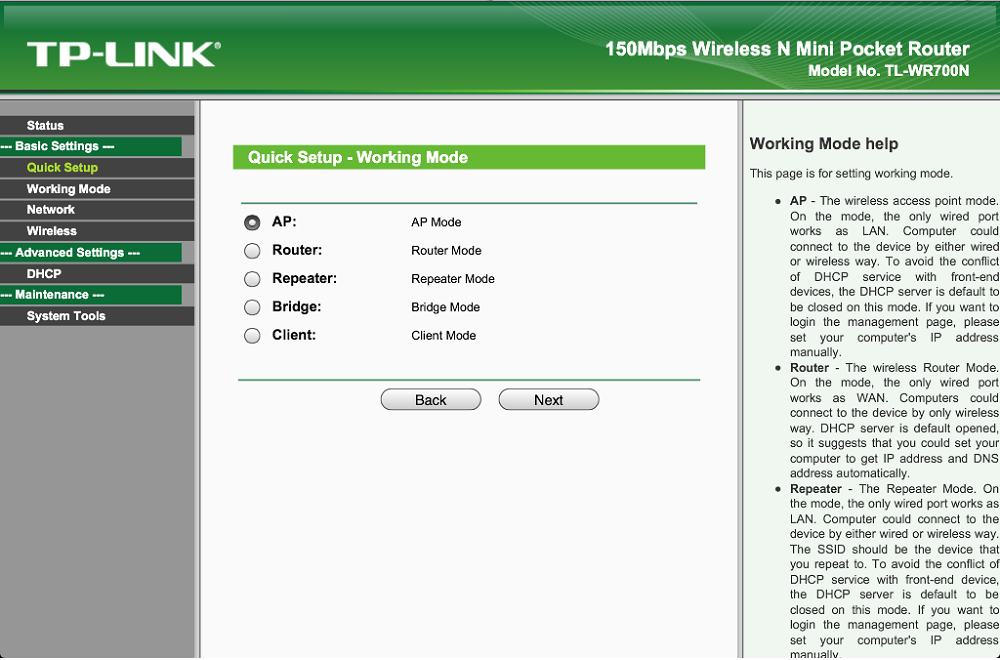 TP-Link TL-WR700N modes