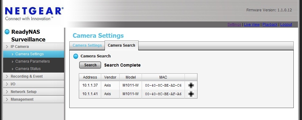 Camera Search screen of the ReadyNAS Surveillance