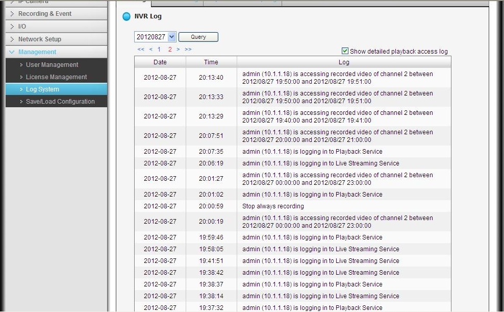 Log entries of the ReadyNAS Surveillance