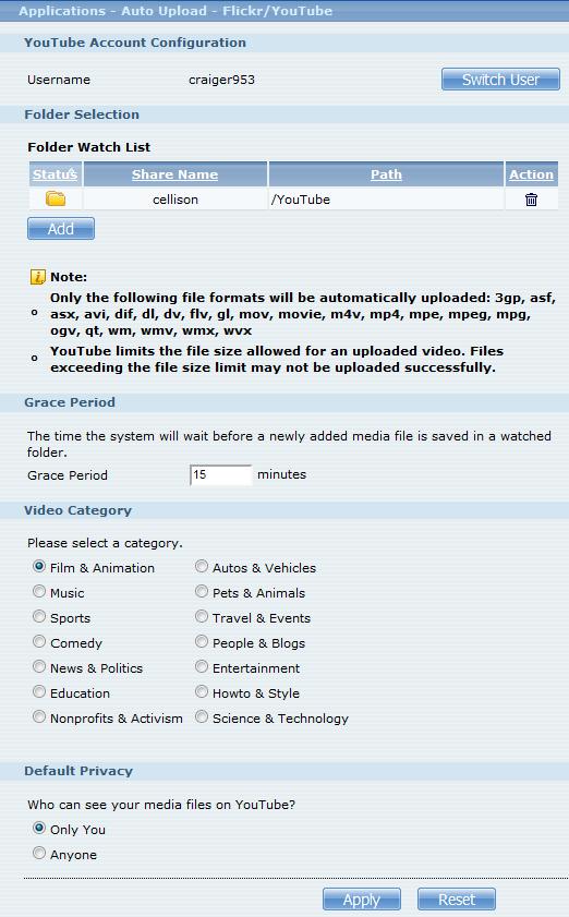 The NSA325 can automatically upload files to Flickr, YouTube or FTP sites