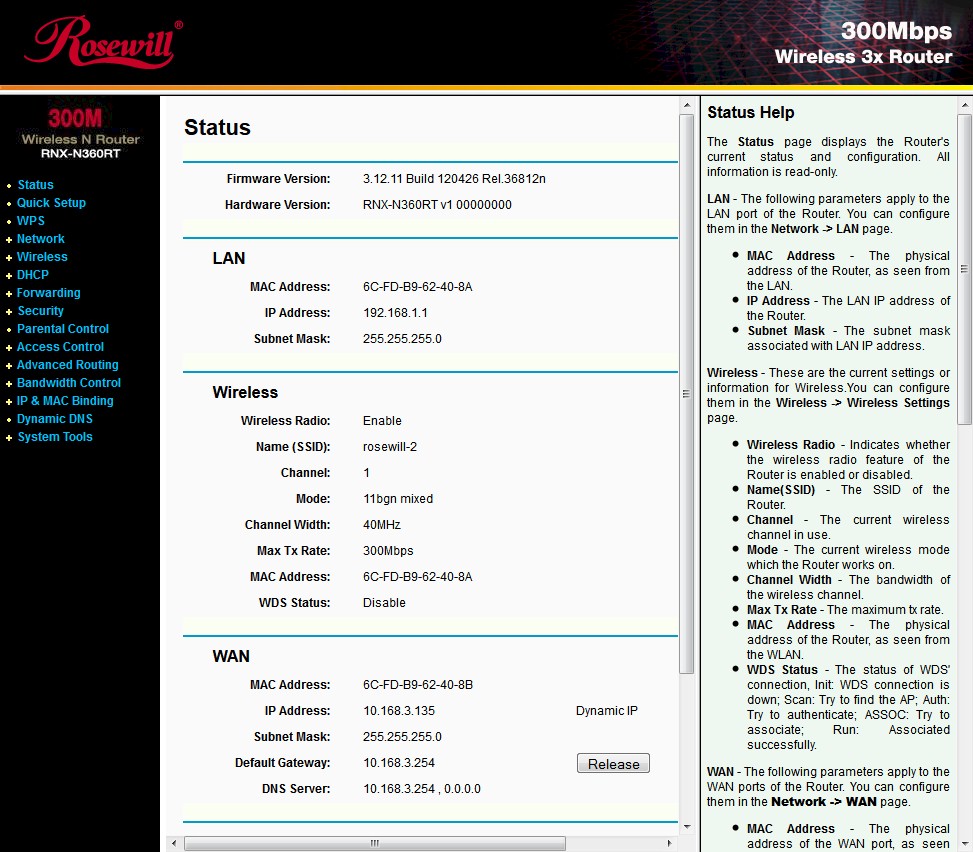 Rosewill RNX-N360RT Status screen