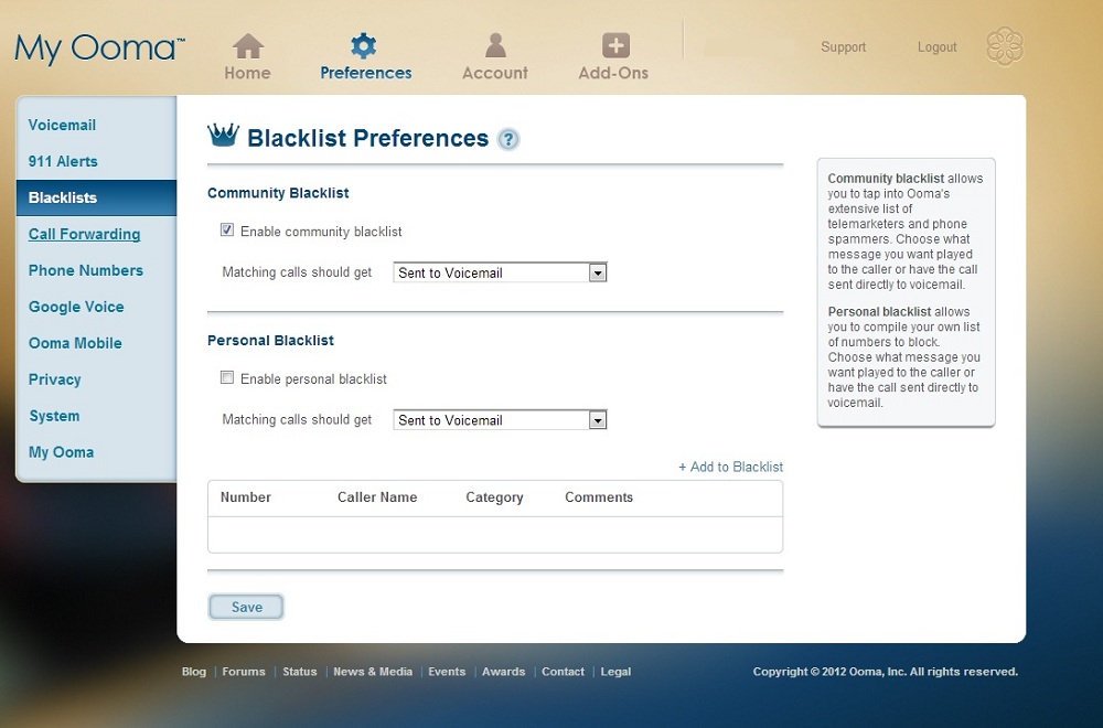 Community and Personal Blacklists in My Ooma
