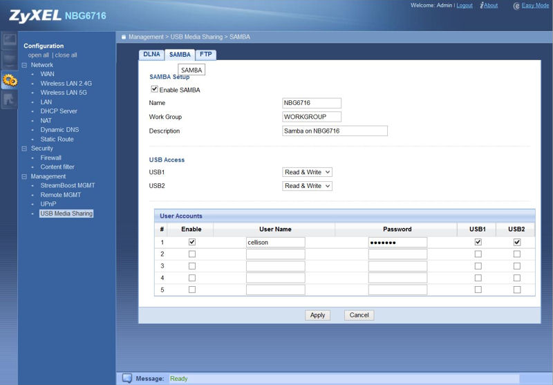 ZyXEL NBG6717 Samba configuration